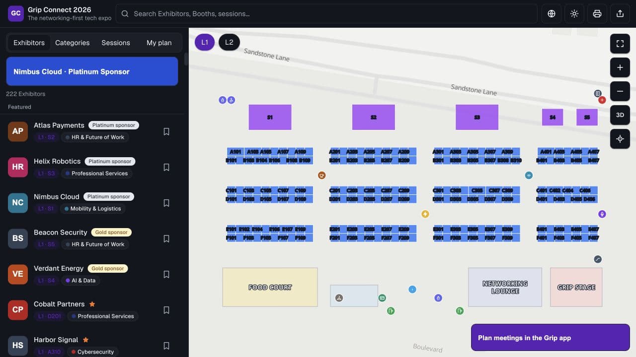 Interactive attendee map with exhibitor search, categories and navigation controls