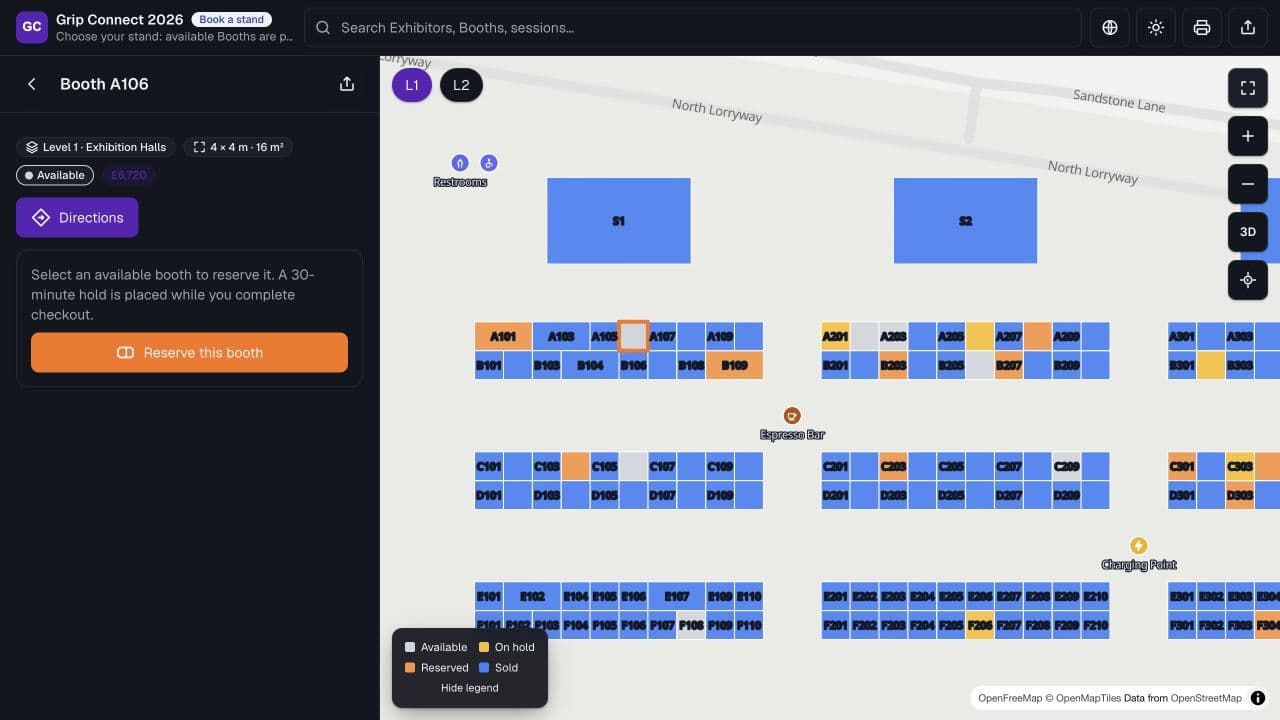 Real booking map showing an available stand, its price and reservation action
