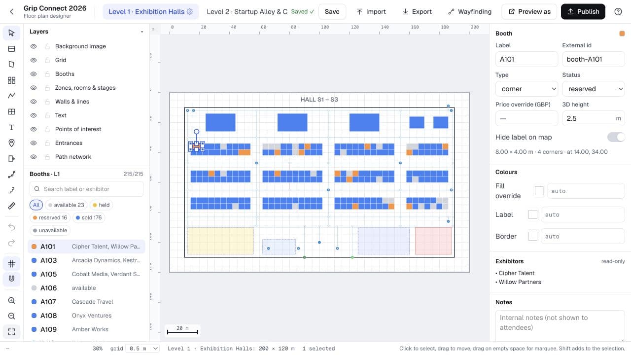 Tessera floor plan designer with booth inventory, a hall layout and booth properties